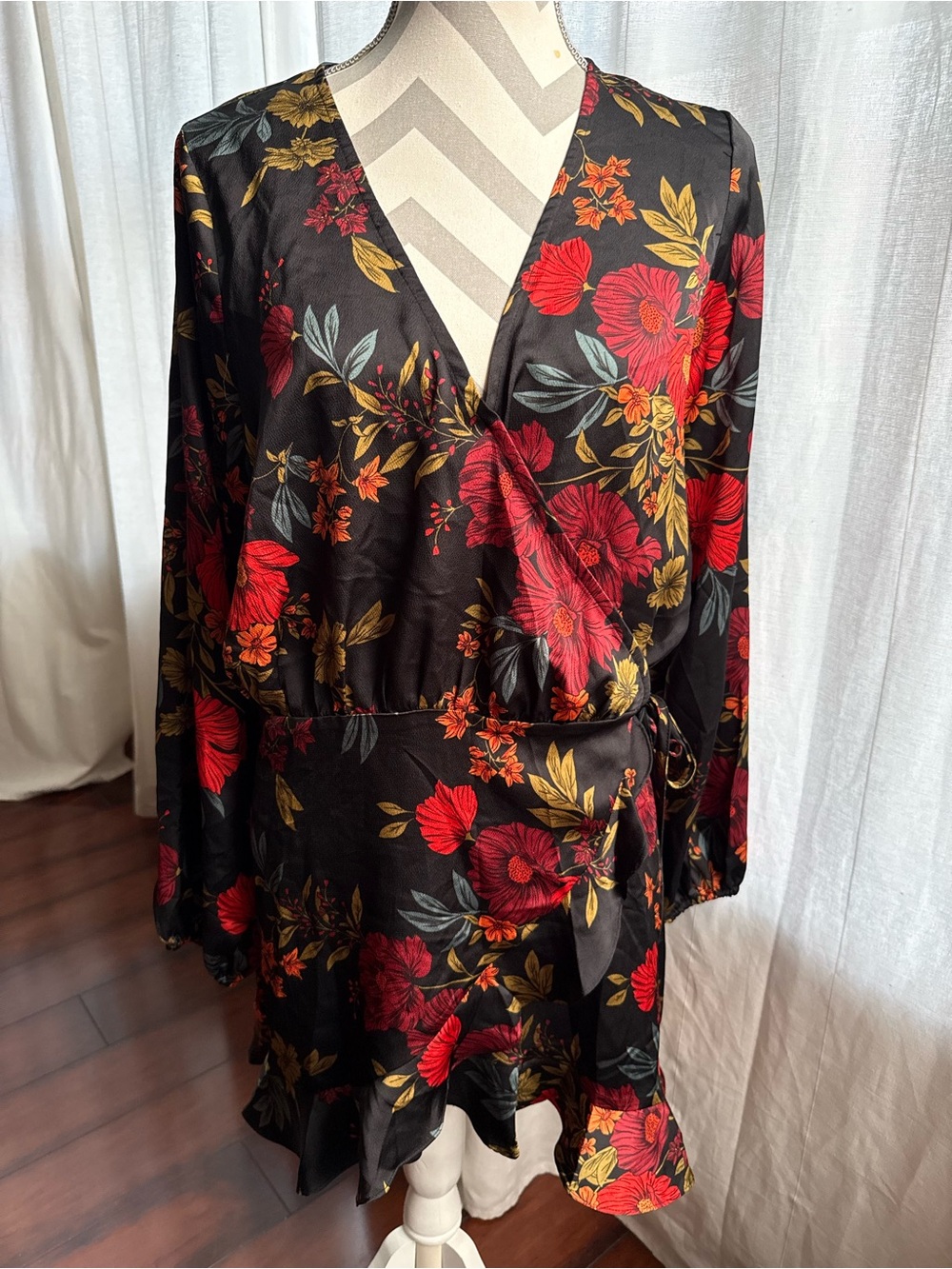 Floral Wrap Long-Sleeve Dress - Black with Red & Gold Floral